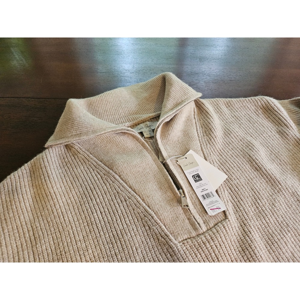Charlie Paige Sweater Knit Womens XL Tan Quarter Zip Ribbed Pullover 409175